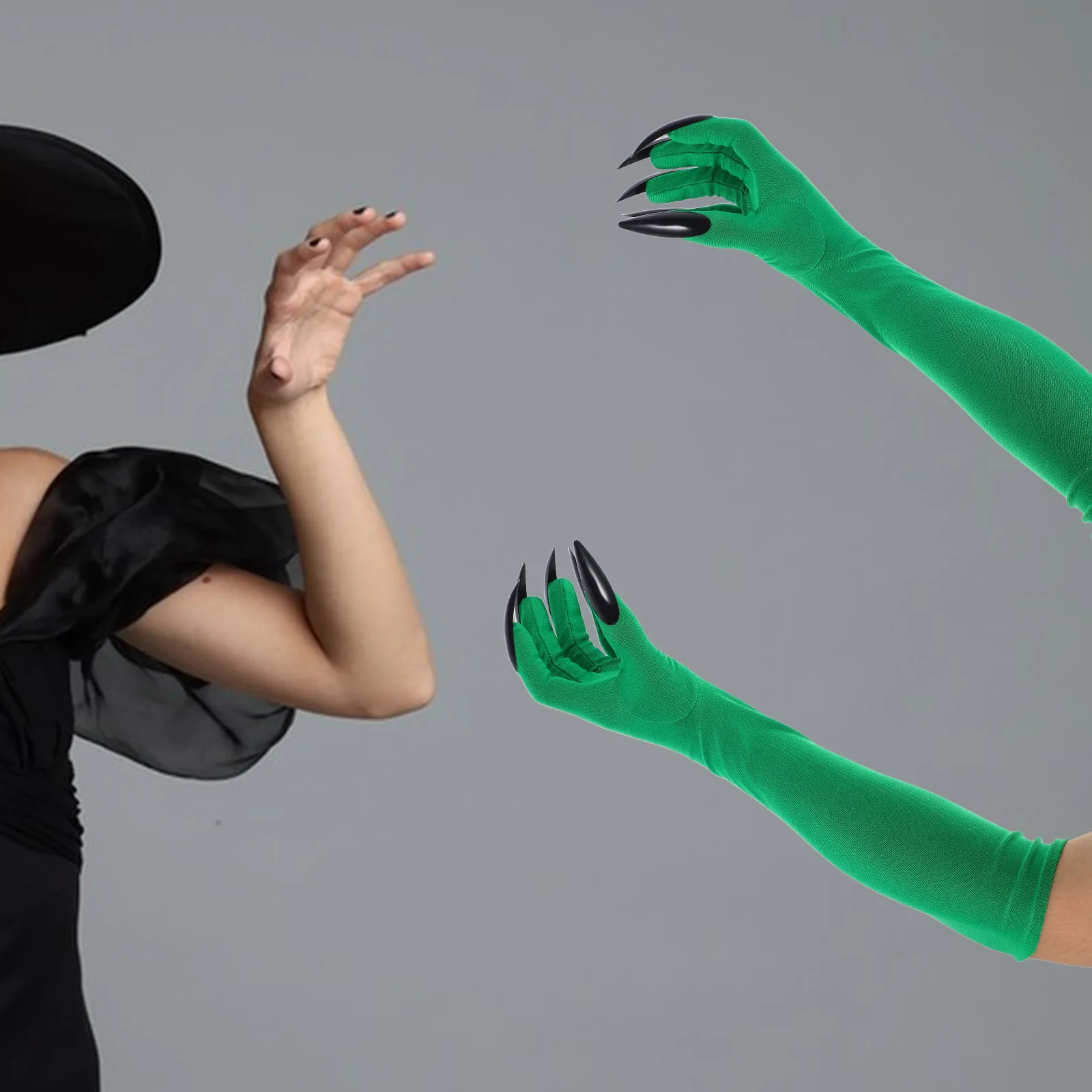 1 Pair Claw Gloves Green Long Finger Nails Scary Halloween Costume Accessories Women Elastic Soft Material For Cosplay Party