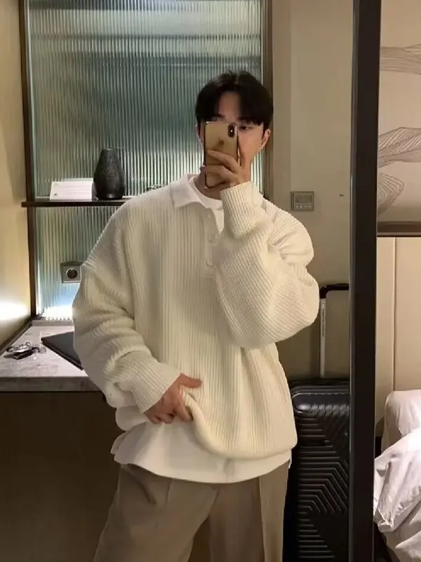 

Свободный крой, трикотажный мужской белый комфортный свитер в корейском стиле, длинный рукав, теплая повседневная одежда для молодежи