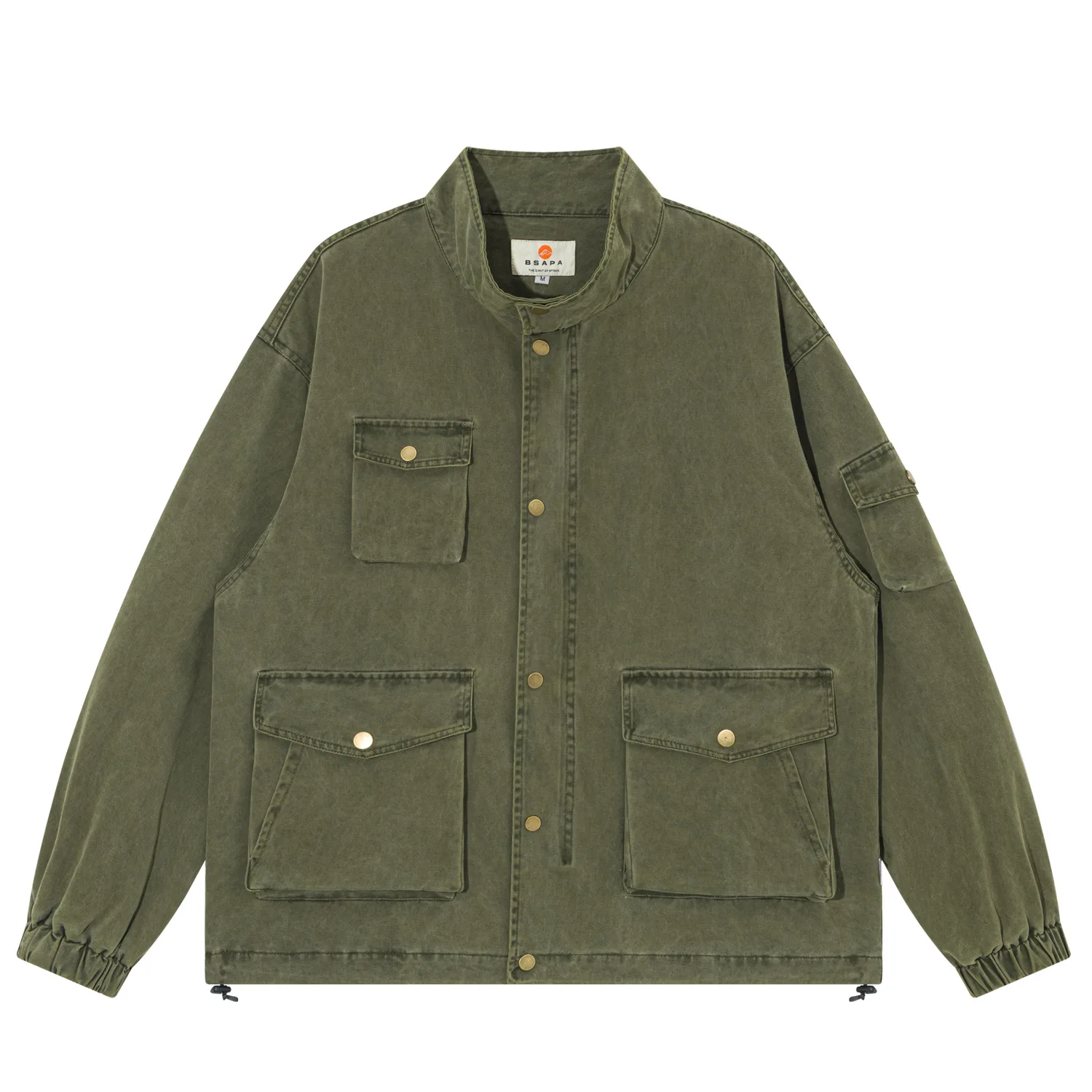 

Washed Multi-Pocket Workwear Jacket Loose Fit Vintage Stand Collar Jacketlong-sleeved Shirt Coat Heavy Retro Style Shirt