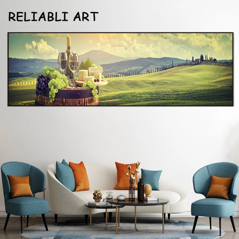 Green Field Grapes Wine Glass Poster and Prints Natural Canvas Painting Wall Art Pictures for Living Room Home Decor No Frame