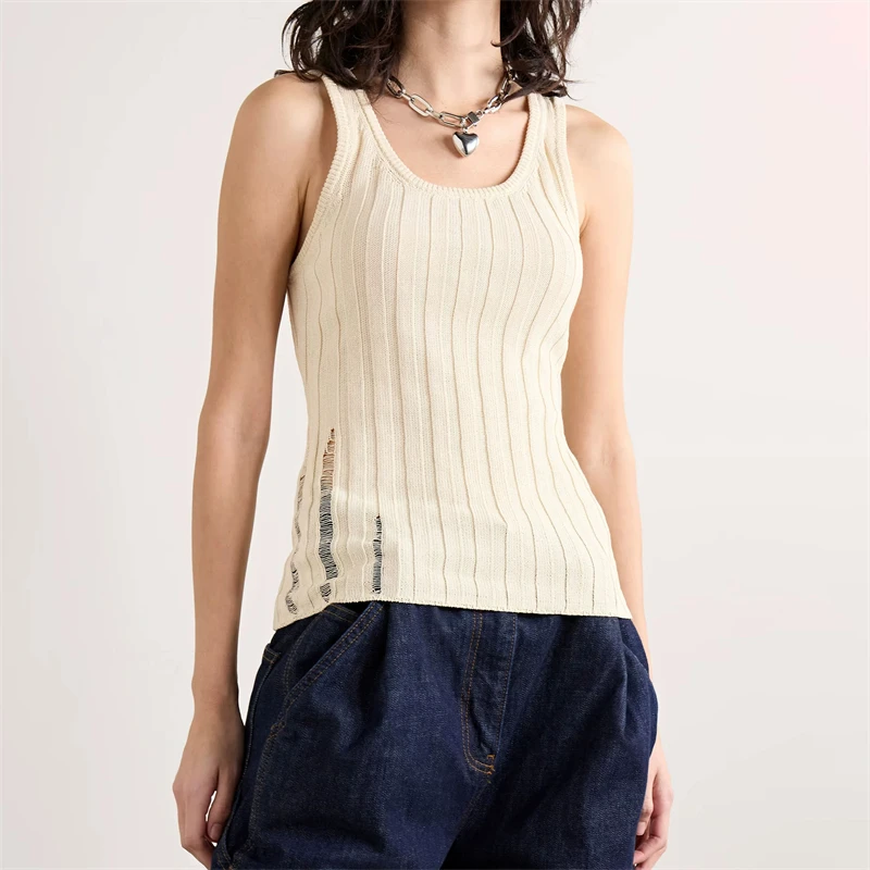 Nuevo chaleco sin mangas de verano con cuello redondo y canalé, de alta calidad, para mujer, estilo casual, elástico, ajustado, vintage, con agujeros, prenda superior.