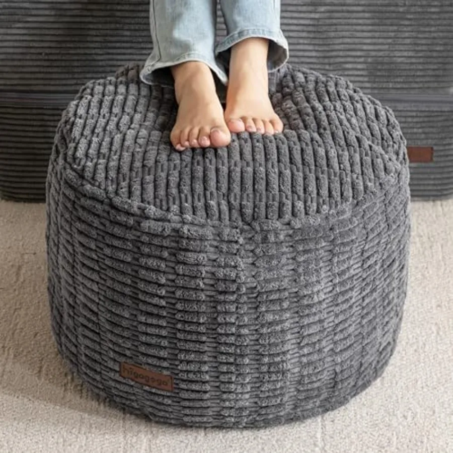 

Boho living room pouf ottoman: round foam-filled footrest in beige, modern decorative stool for weddings, Christmas parties, an