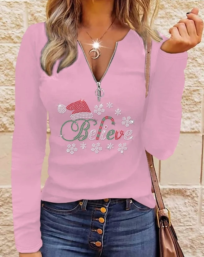 

Christmas Hat Letter Rhinestone Decor Zipper Fly Top Female Clothing T-Shirts Pullover Tops 2023 Autumn Spring Fashion Casual