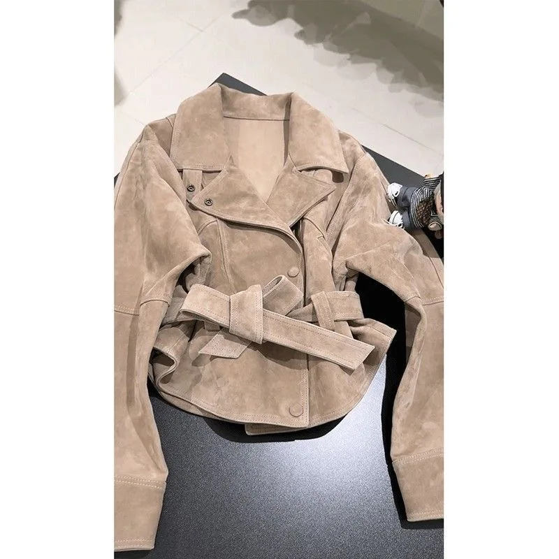 Retro American Short Leather Jacket Women's Slim Fit Waist Cinching Stand Collar Spring New Style Fashionable Top Coat