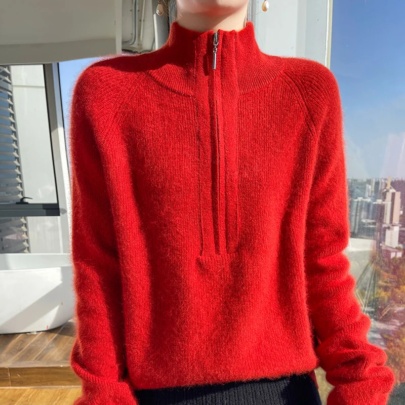 

Women's New Zipper Half High Neck Solid Knitted Top Fashionable and Western Autumn/Winter Sweater