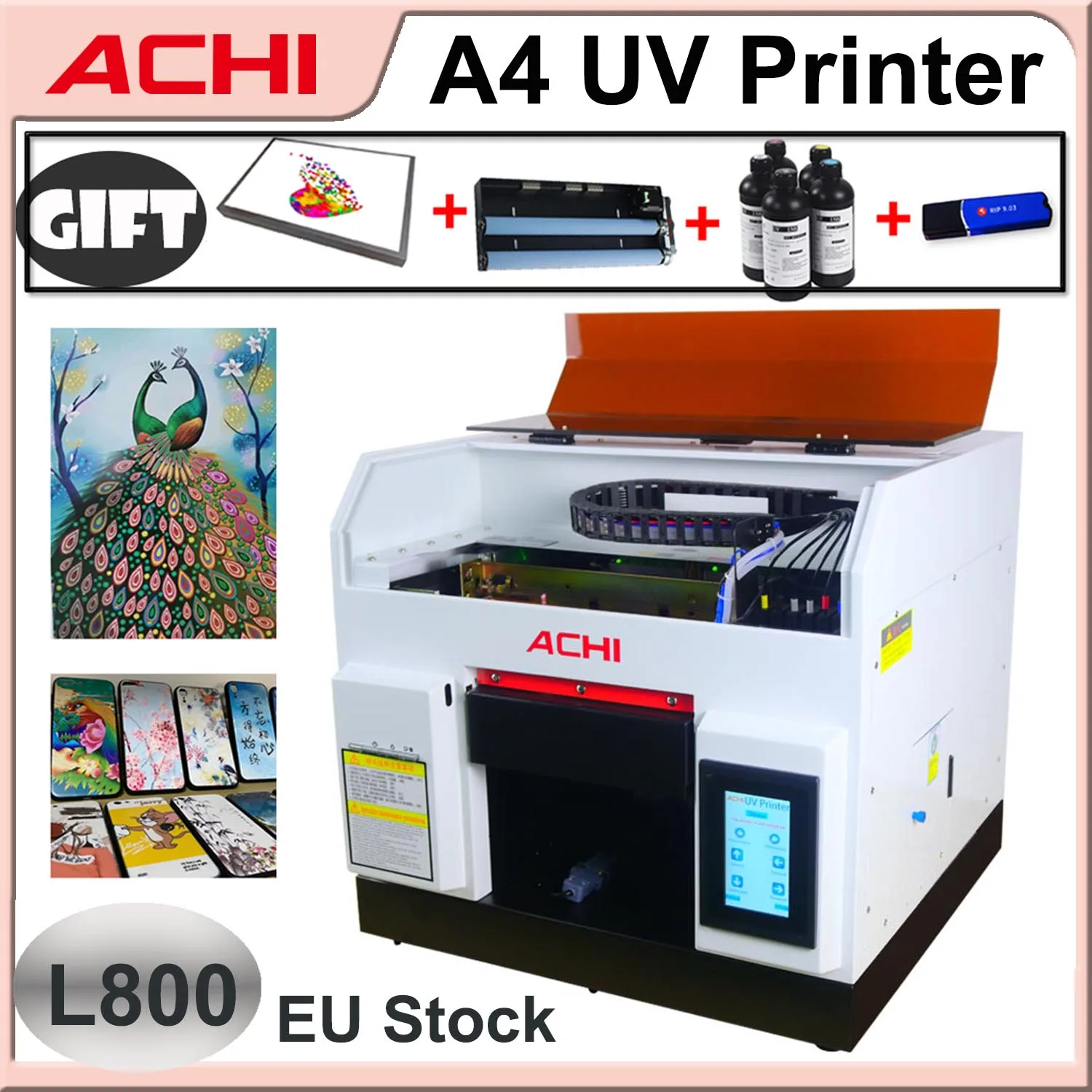 الاتحاد الأوروبي الأسهم ACHI A4 طابعة UV LED الرقمية L800 UV طابعة ل شقة مطبوعة المعادن تنقش زجاجة الاكريليك اسطوانة آلة الطباعة