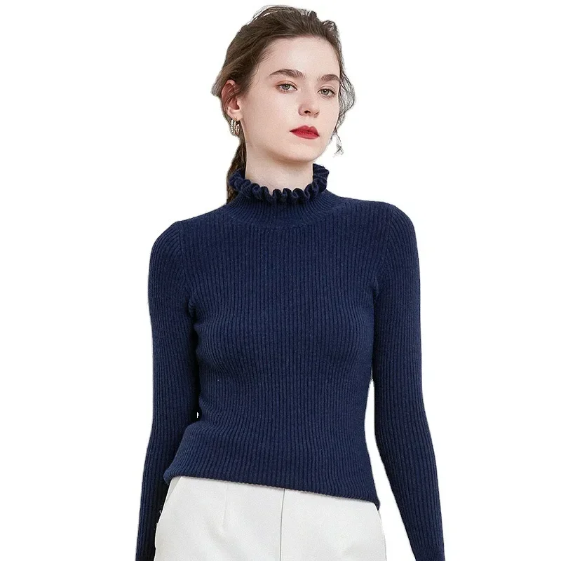 Pull en tricot à manches en dentelle pour femme, couche de Base, couleur Pure, polyvalent, Style automne-hiver, coupe cintrée, col mi-haut, motif Floral