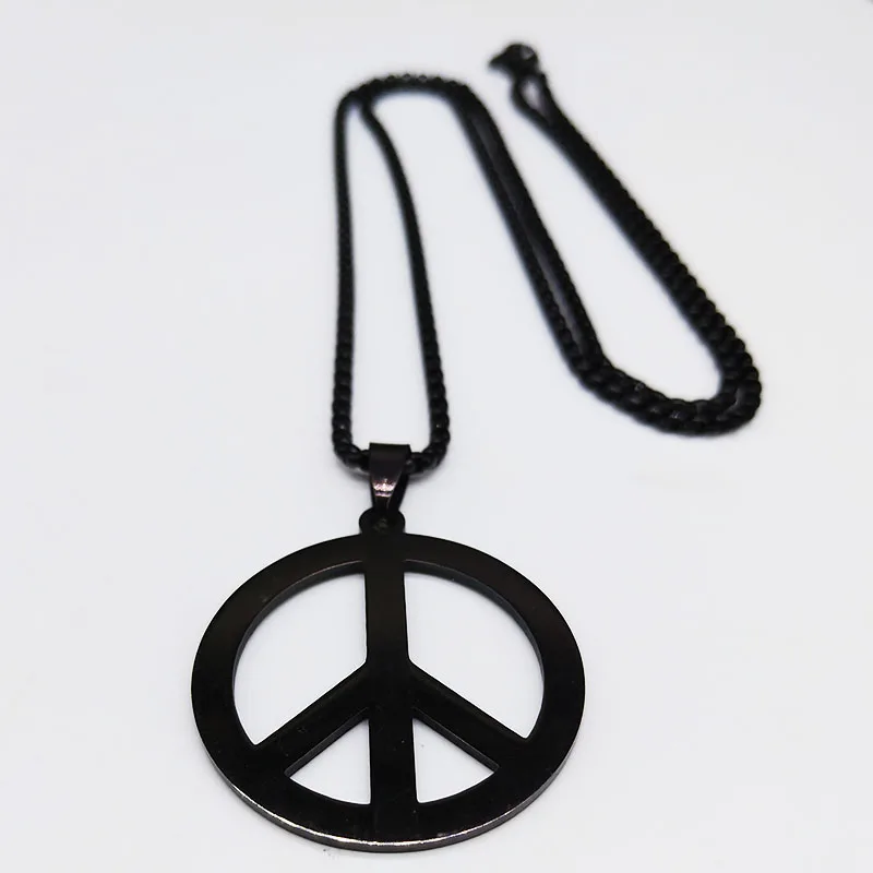 Goth Punk Peace Sign Symbol Pendant Necklace Men Black Color Stainless Steel Peaceful Match Chain Jewerly cadenas mujer N438S02