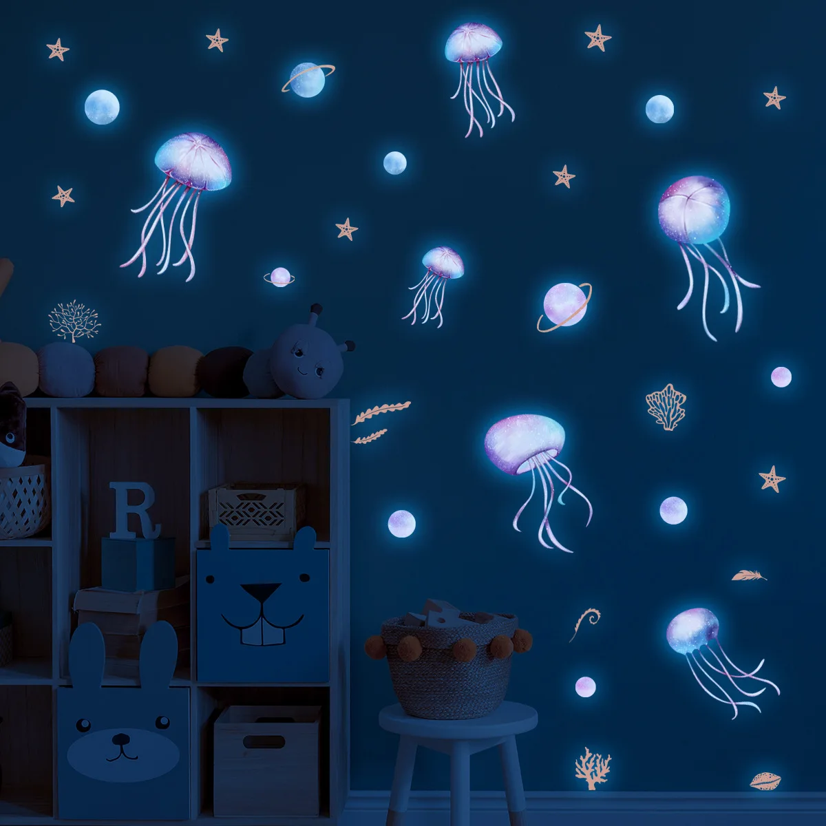 Blue Luminous Jellyfish Family Wall Stickers Home Decoration Wall Decor Home Accessories Wallpaper Kids living Room Decoration