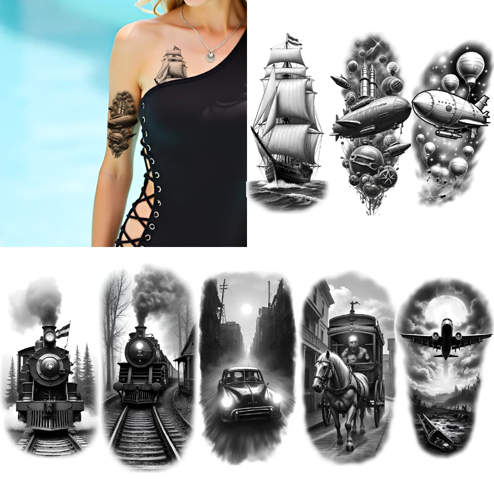 

3pcs Temporary Tattoo Steam Train Black And Grey Realism Airship Submarine Realistic Temporary Tattoos Vintage Car For