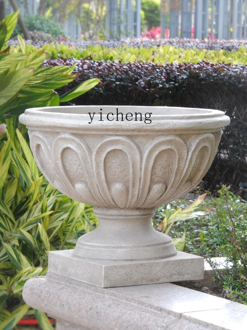 Tqh Large Diameter Fiberglass Outdoor Courtyard Retro Creative Villa Doorway Garden Flowerpot