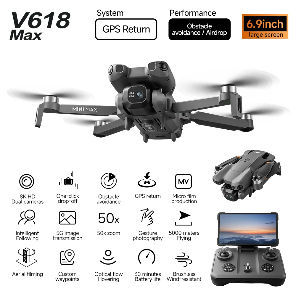 Original V618MAX 5G GPS Foldable‑Screen Aerial Photography Drone with Ultra‑Clear Display Screen RC Quadcopter