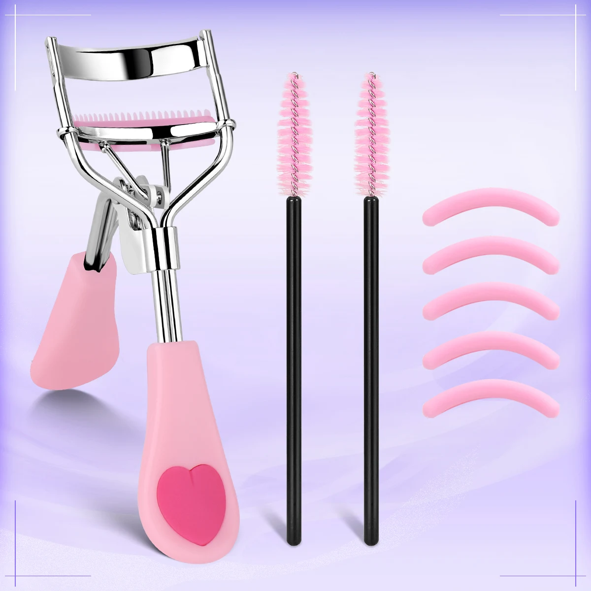 A convenient love belt comb eyelash clip tool set and eyelash tool set to make eyelashes more curly and more perfect.