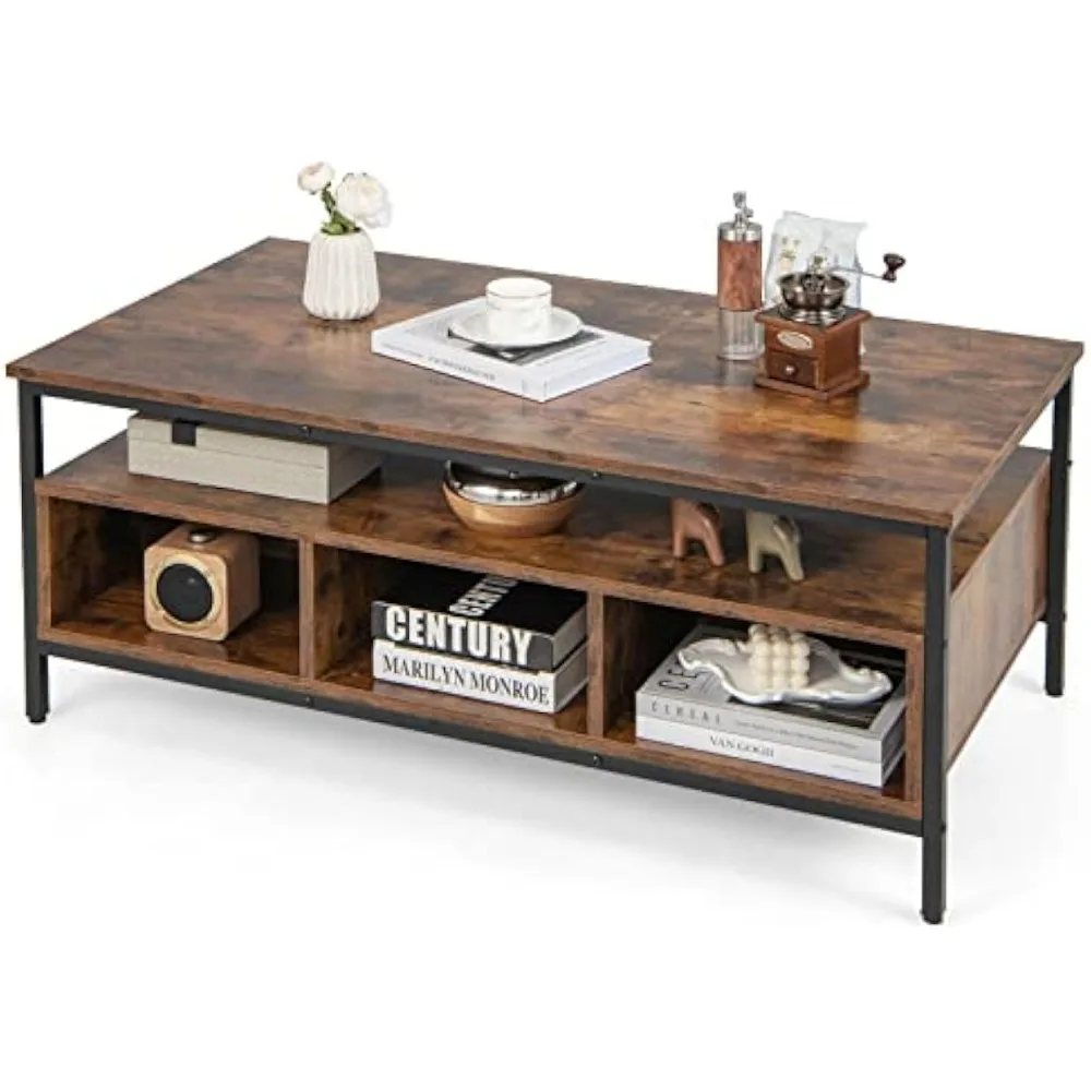 

Industrial Coffee Table, 43” Wood Accent Tea Table with Open Shelf & 6 Storage Cubbies, Rectangle Center Table for Living Room,