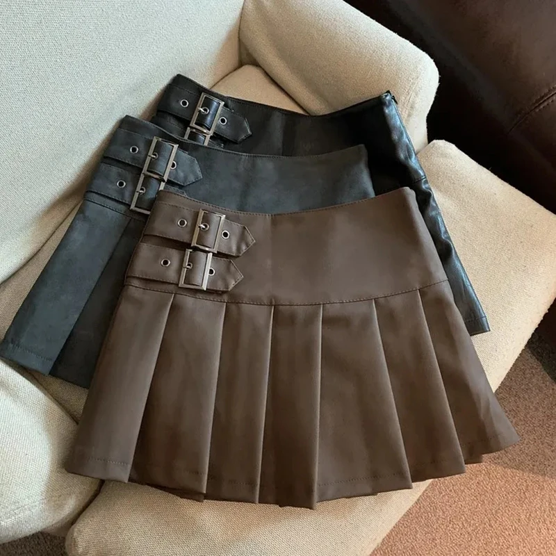 Y2K Pu Leather Mini Skirts Women Streetwear 2025 Double Buckle Pleated Skirt for Ladies Vintage Korean Slim A Line Skirts Mujer
