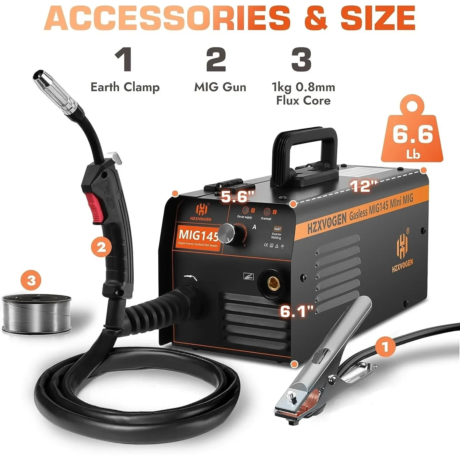 HZXVOGEN MIG145 145A Gasless MIG Welder 220V IGBT Inverter Mini Portable Flux Core Welding Machine for Small Businesses