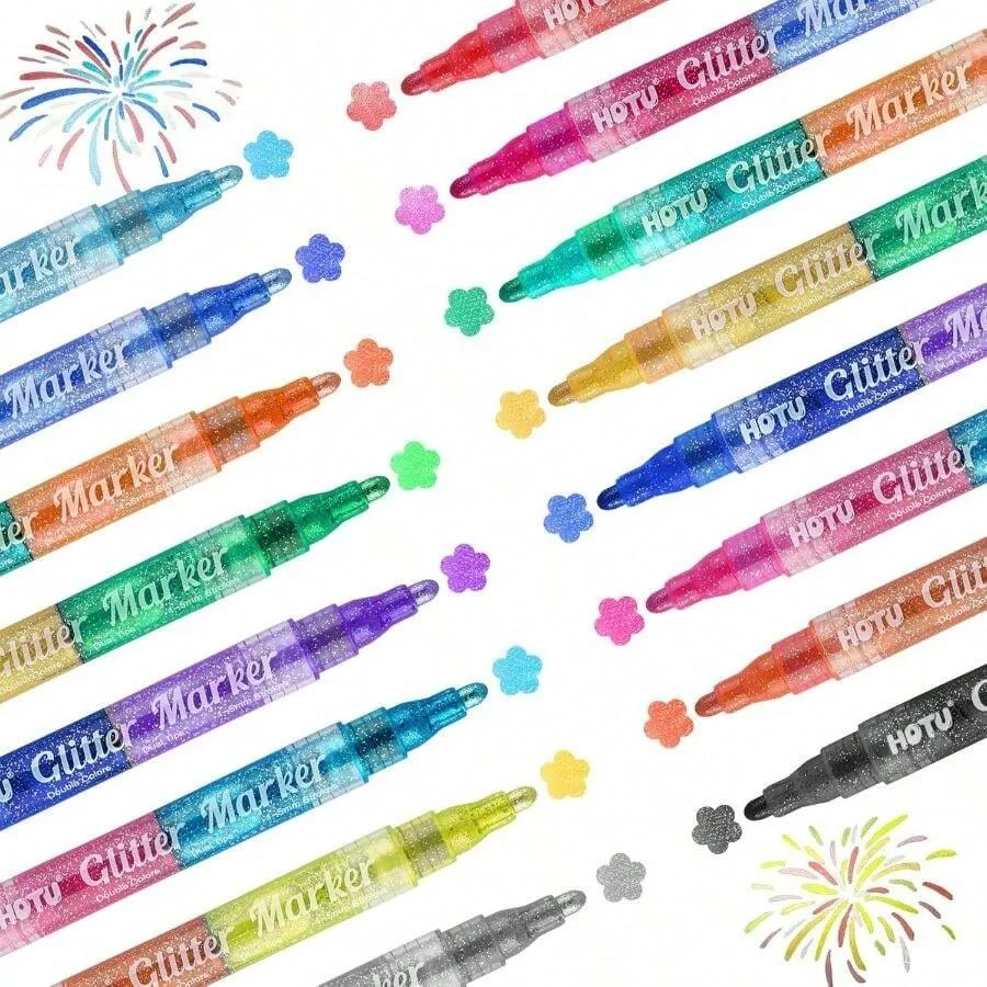 

Glitter Markers Pens, 16 Colors Glitter Acrylic Paint Pens, Sparkly Metallic Dual-Tone Reversible Smooth Tips Shimmer Marker 8