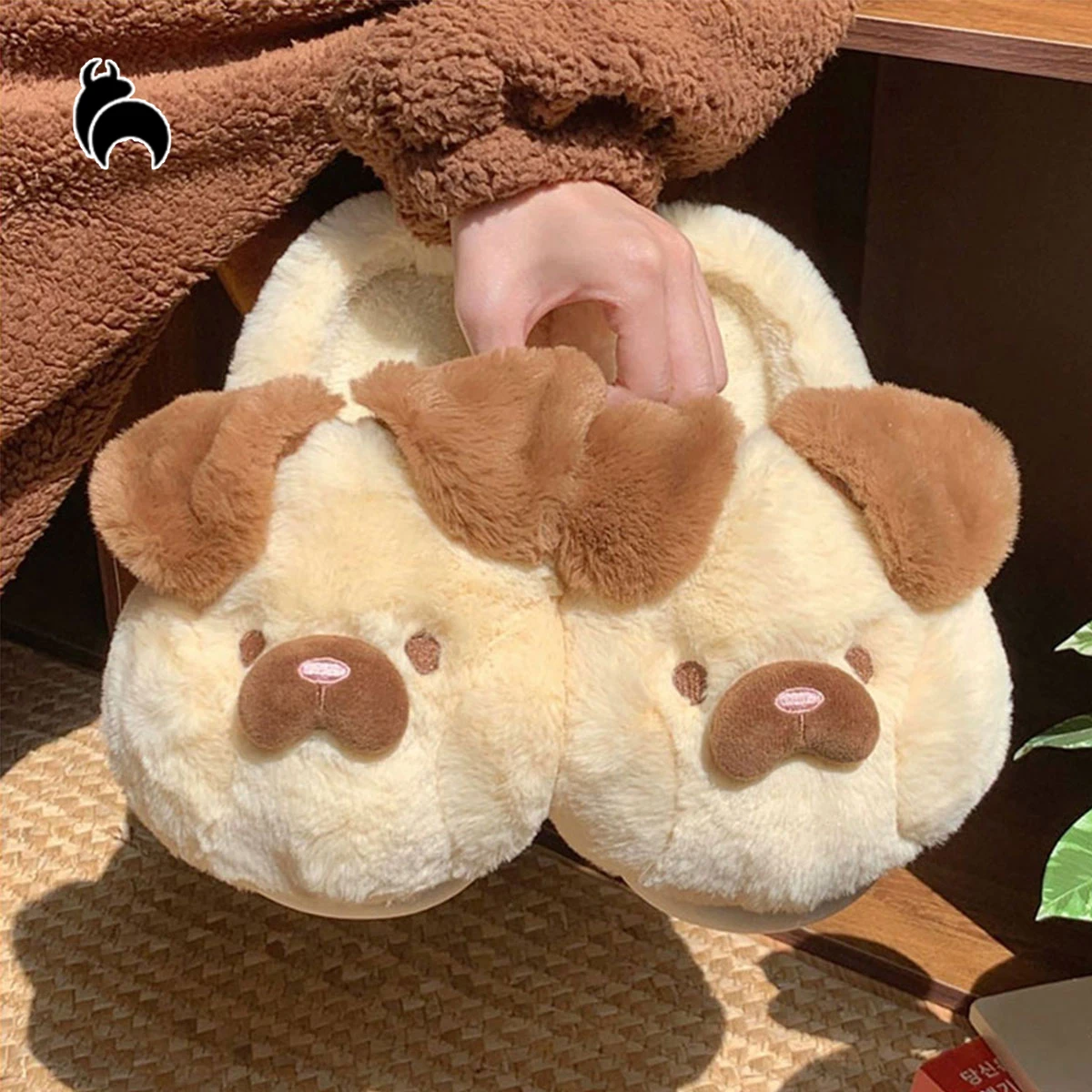Magic Bean Cute Cartoon Dog Shape Cotton Slippers for Women Winter Warm Non Slip Home Slippers Fluffy Plush Thick Sole Slippers