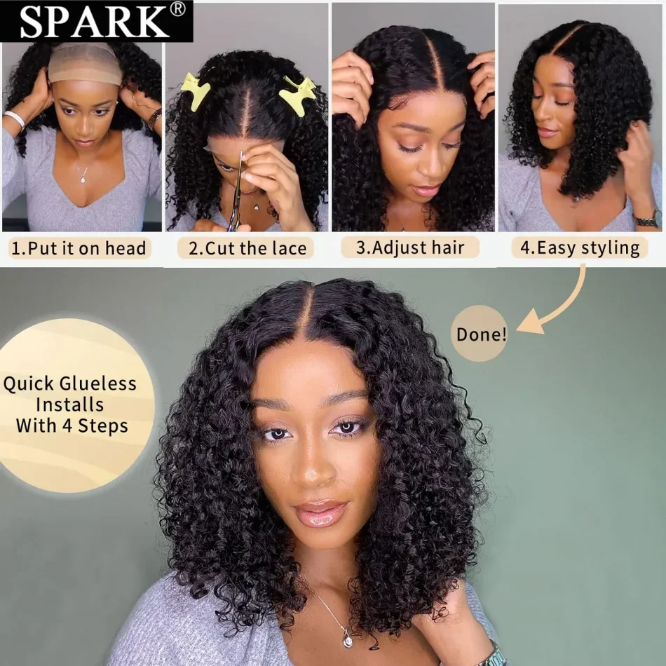 SPARK-Onda Profunda Bob Peruca, Cabelo Humano Brasileiro, Peruca Curta Encaracolada, Encerramento Glueless Lace, Pré Arrancado, 180 Densidade, 4x6 4x4