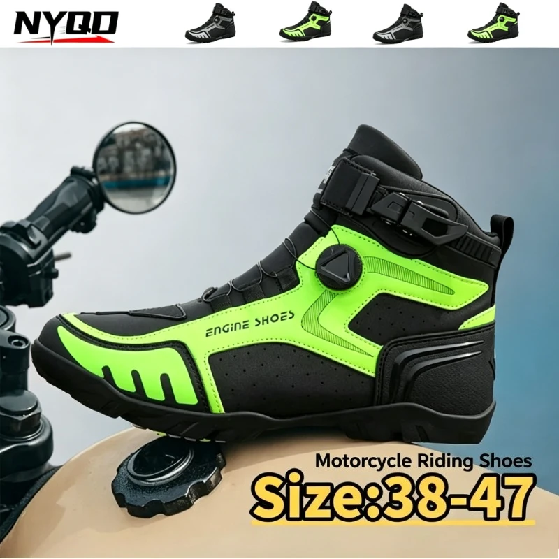Men's Fashion Motorcycle Riding Boots, Anti-slip Hard Sole Biker Shoes, Durable Cool Motorbike Protective Footwear