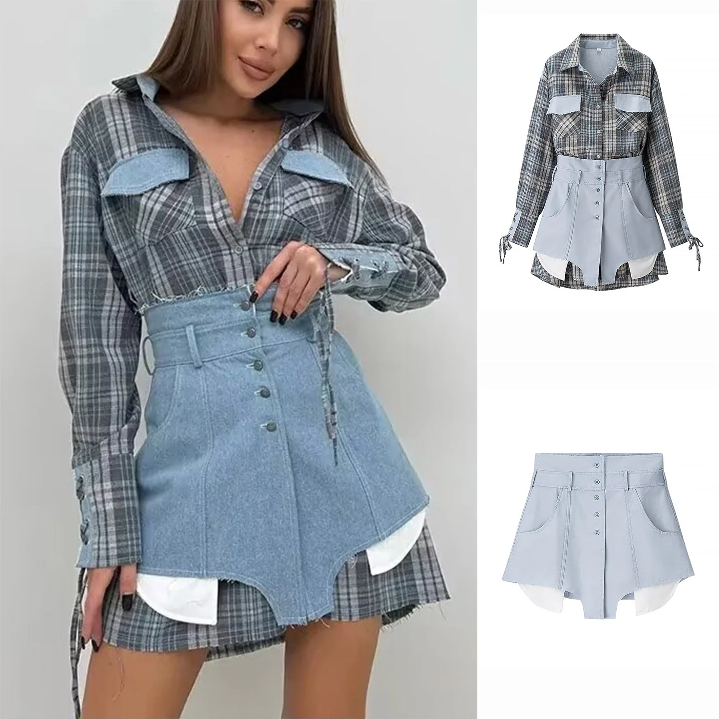 

Lazy Sle Plaid Long Sve Irt и джинсовая юбка, женский осенний комплект из двух предметов с воротником-стойкой и множеством полей
