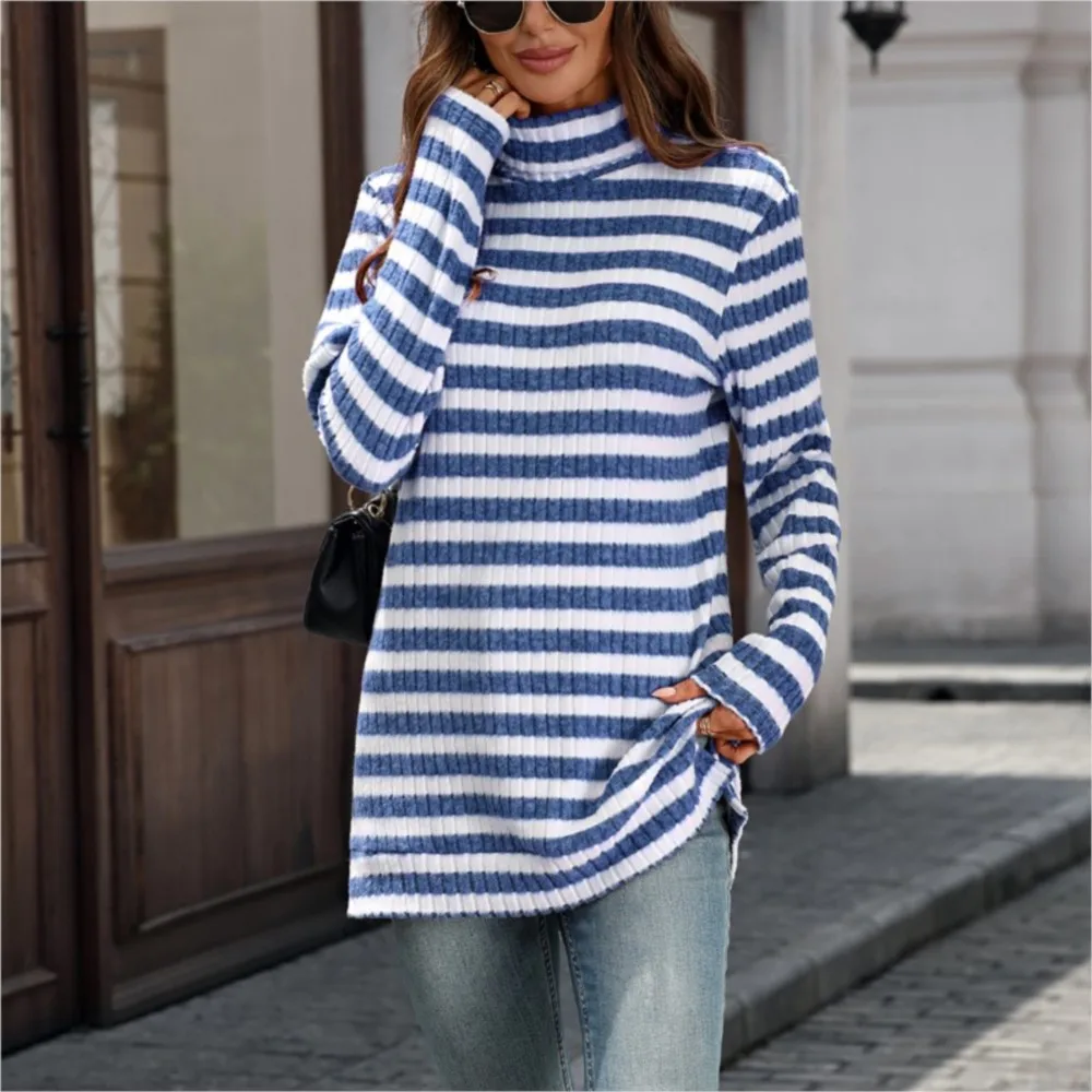 

Striped Fashion Sweater New Autumn Winter Women's Wear New Solid Color High Collar Split Pit Strip Loose T-shirt Top Ropa Mujer