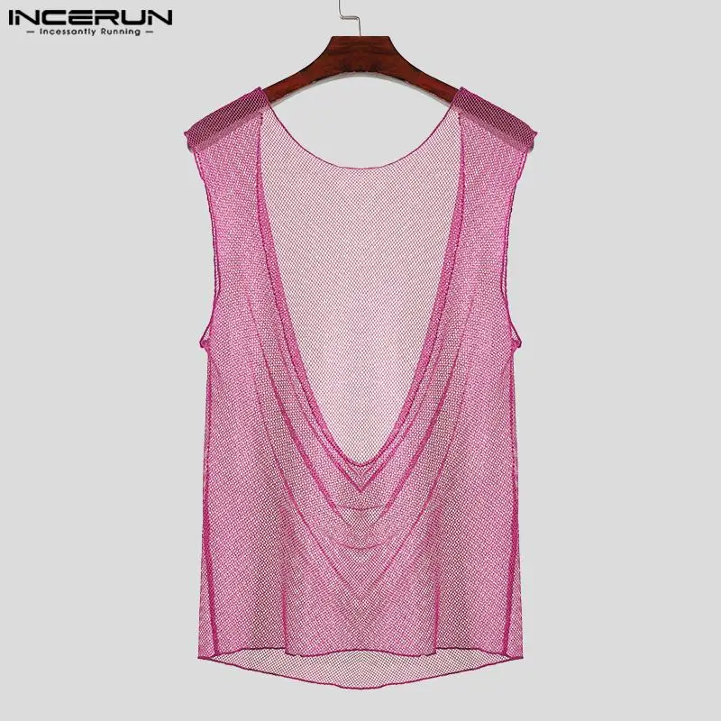 INCERUN Men Tank Tops Mesh Transparent O-neck Sleeveless Backless Hollow Out Male Vests Solid Summer 2024 Fashion Men Clothing