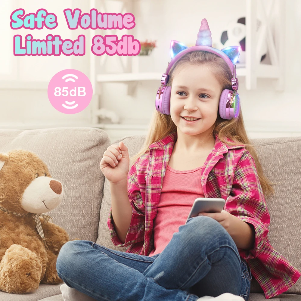 Wireless Bluetooth Headset Glow Lights Unicorn Headphones for Children Music Stereo with MIC Kids Girls Christmas Gifts Helmets