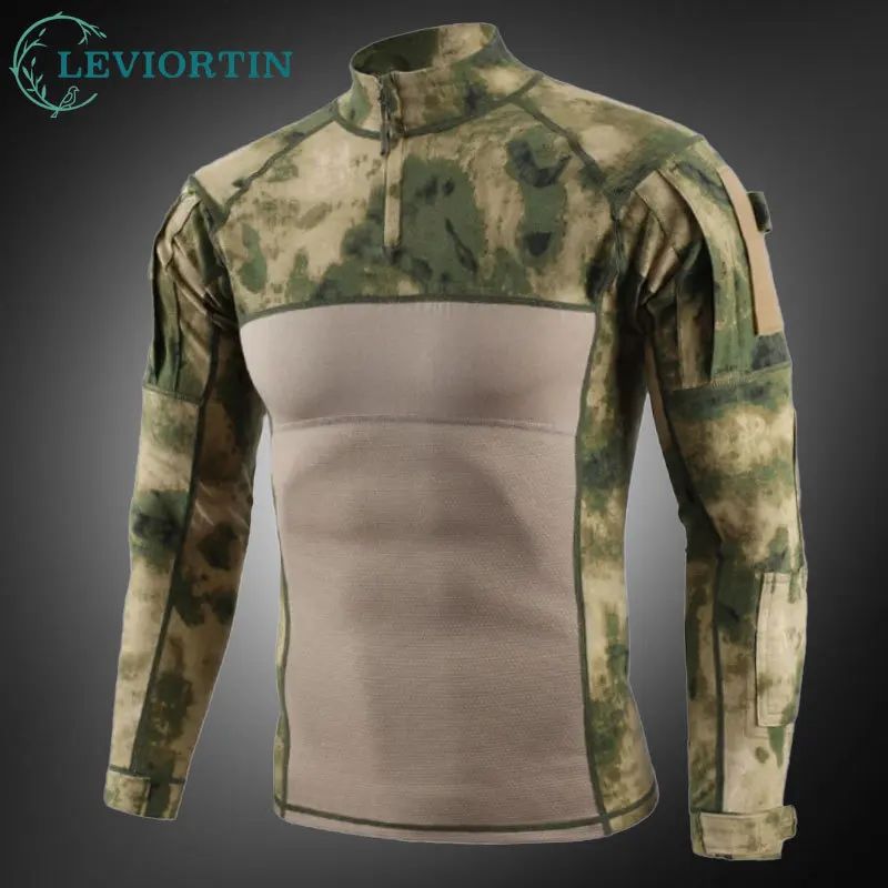 Mens Outdoor Training Tops Elastic Breathable Camouflage Patchwork Half Zip Pullover Quick Drying Cotton Long Sleeved T-shirt