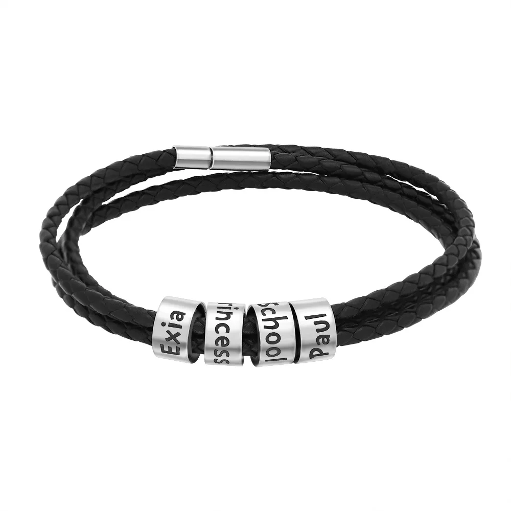 Personalized Mens Braided Genuine Leather Bracelet Stainless Steel Beads Custom Name Charm Bracelets for Men with Family Names