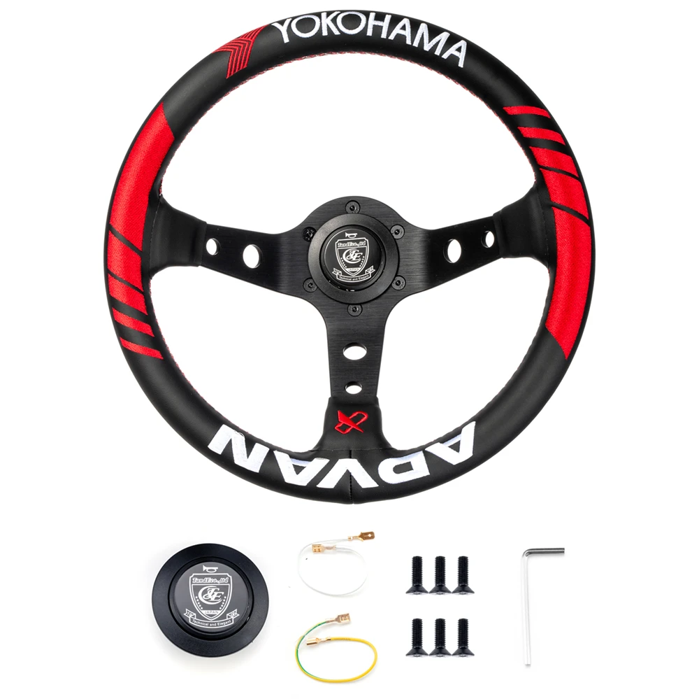 VERTEX JDM 330mm Racing Steering Wheel Black Genuine Leather Collaboration Steering Wheel with Red Line Embroidered 5