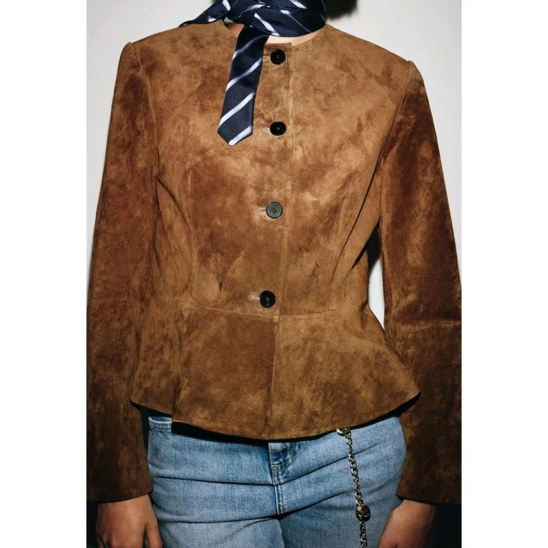 New Autumn Women's round Ne Long Sve A-Line Hem PU Leather Jaet Outerwear Sli Commute Slim Fit Polyester Fiber