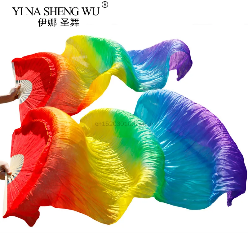New Style Belly Dance Silk Fan 100% Real Silk Long Silk Fans Handmade Gradient Color Dance Fans Can Be Customized