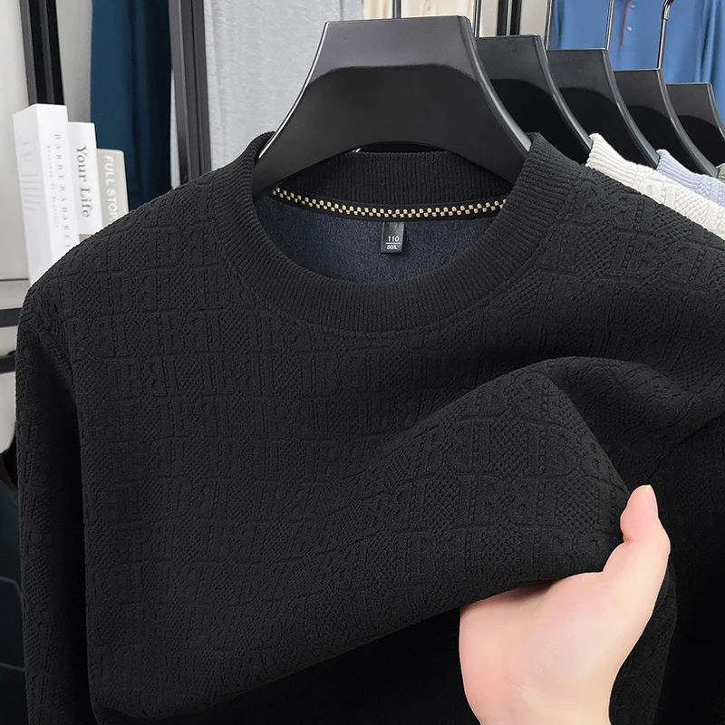 Herren-Pullover mit Rundhalsausschnitt, aus dickem Strick, mit Fleece-Futter, Jacquardmuster, lange Ärmel, weicher, warmer Stoff, für den Innen- und Außenbereich, Winter, Freizeitkleidung. – Detail 16