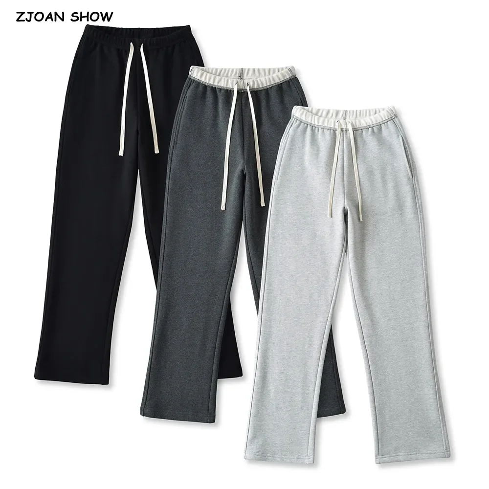 

3 colors Contrast Color Drawstring Waist Sports Straight Sweats Pants With Fleece Women Long Trousers Women Joggers Pants