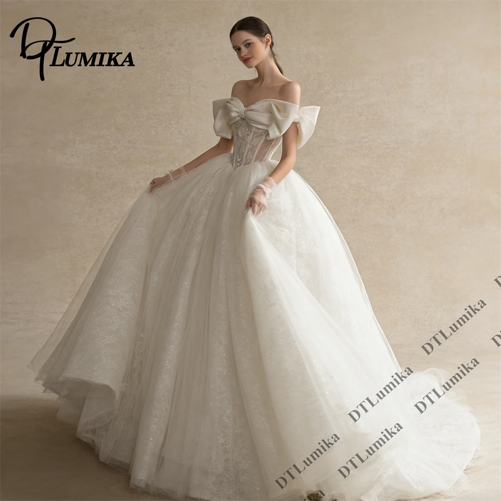 

DTLumika Sweet Off-the-Shoulder Bride Dress Lace Corset Tailored Women's Wedding Dresses Bow Neckline Lace Bridal Gown