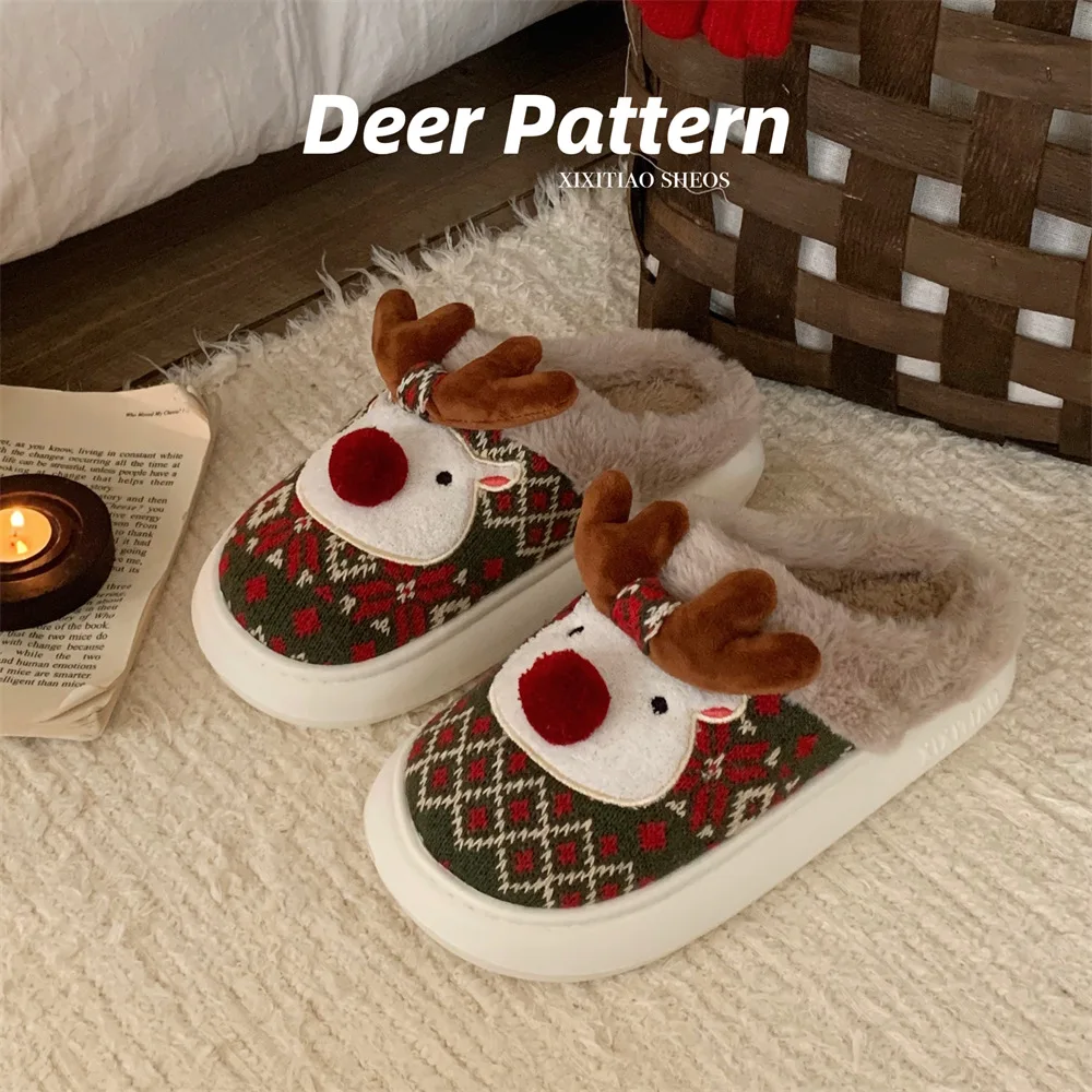 

New Winter Cute Women's Fleece-Lined Warm Slippers Cartoon Soft-Sole Indoor Shoes Christmas Reindeer Non-Slip Cotton Shoes