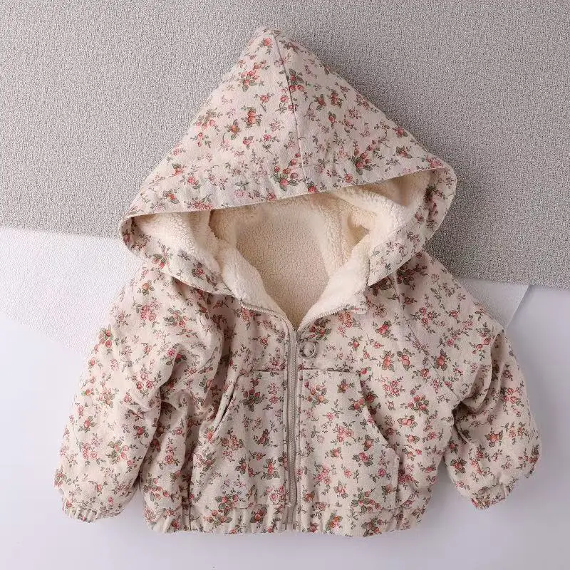 

Floral Hooded Jacket for Girls Warm Fleece Lined Thick Winter Coat Korean Style Kids Outerwear 73-120cm