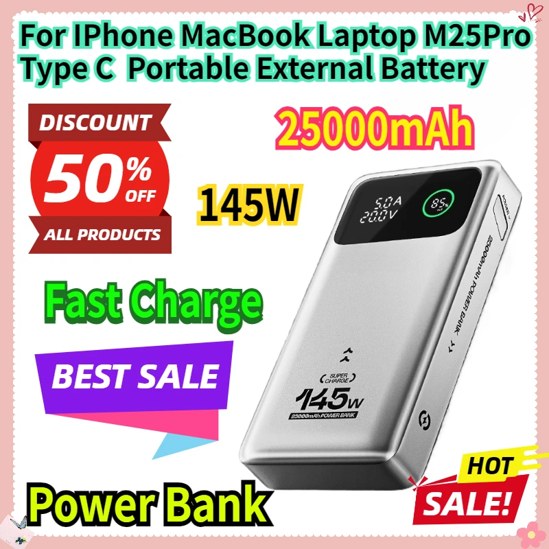 

For IPhone MacBook Laptop M25Pro Power Bank 25000mAh Type C Fast Charge Portable External Battery