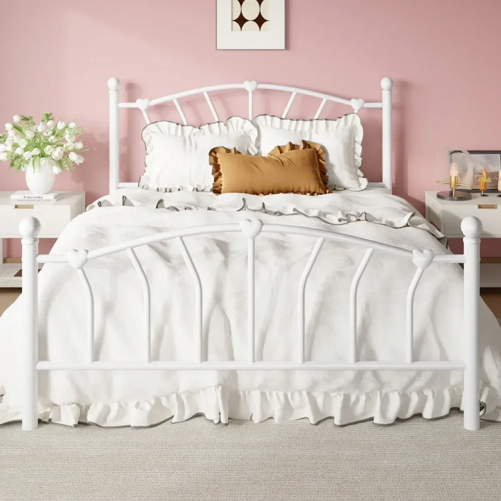 

14 Inch Twin Full Queen King Size Metal Platform Bed Frame With Heart Shaped Headboard Footboard, Under Bed Storage, Noise Free