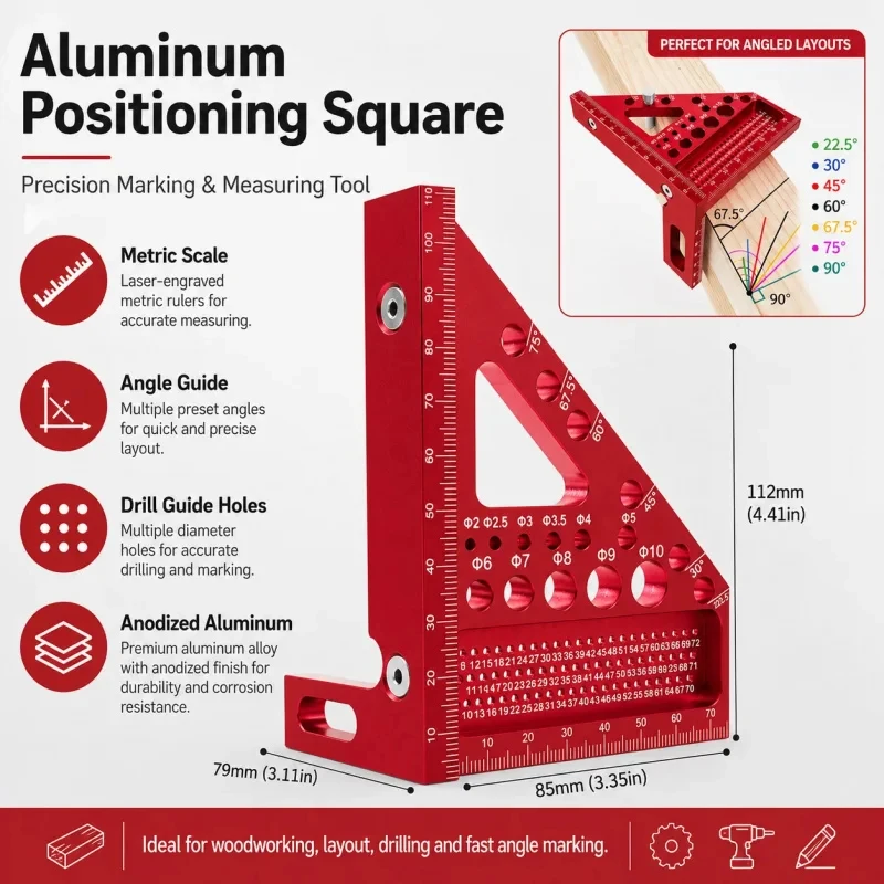 3D Multi-Angle Measuring Ruler, 45/90 Degree Aluminum Alloy Woodworking Square Protractor, Scribing Line Gauge, Miter Triangle R