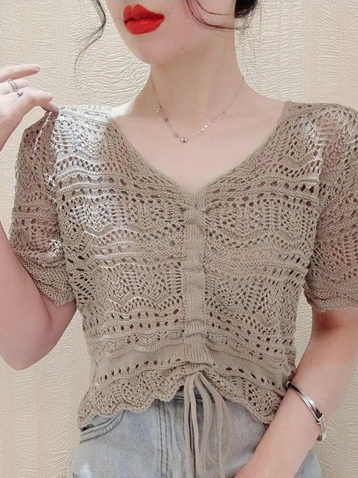 Kanten rand Dstring Knitwear ort Sve Dames losse ell top chiffon blouse uitgehold ontwerp zomer faion dames cl...