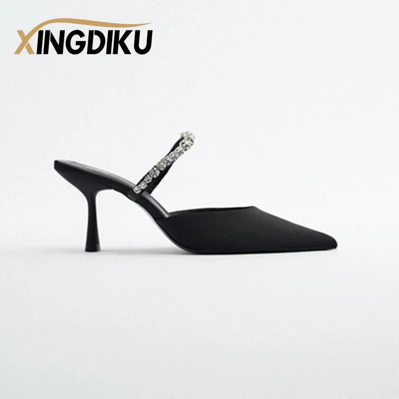 High Heel Sandals Summer 2022 New Pointed Toe Stiletto Black Sexy Ladies Sandals Rhinestone Sequins Big Size Slippers shoe woman