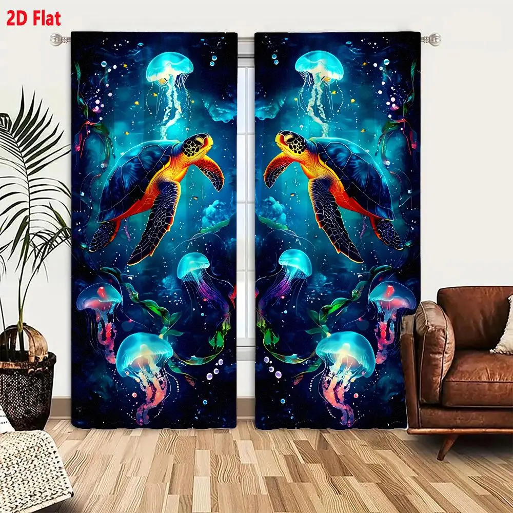 2Pcs Curtains 2D Flat Vibrant Symmetrical Underwater Scene With Sea Turtles And Jellyfish On Dark Blue Background Window Drapes