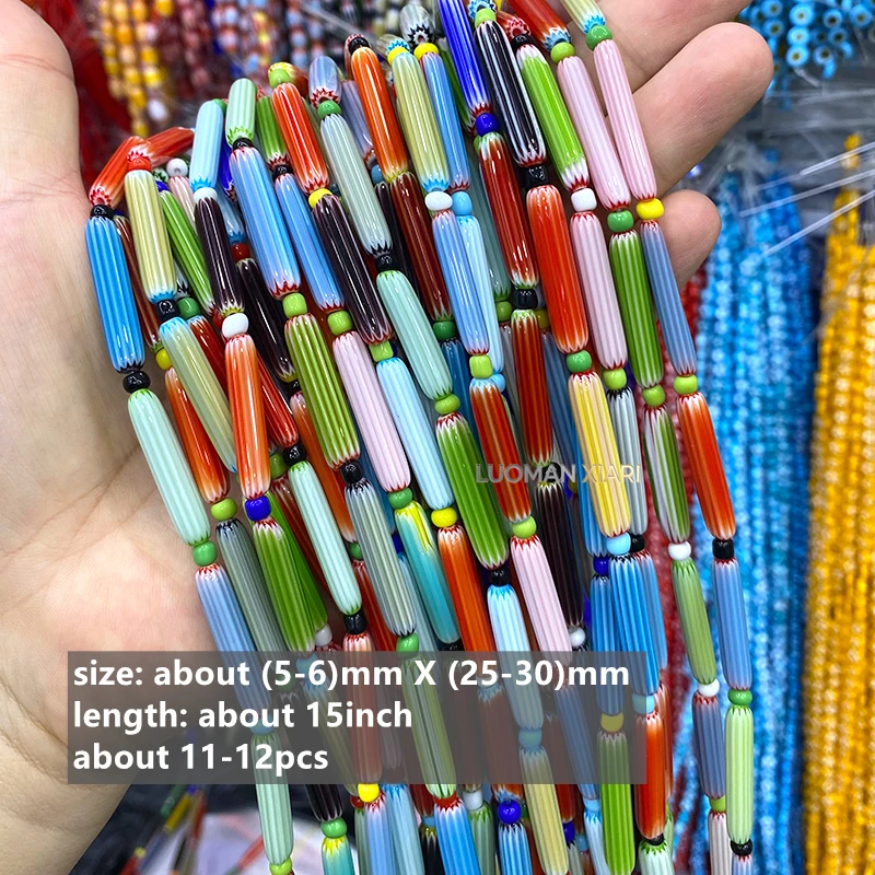 Großhandel 5x30mm Reisförmige Handgefertigte Farbige Lampwork-Abstandsperlen für Schmuckherstellung DIY Armband Charms Zubehör 15'' – Detail 6