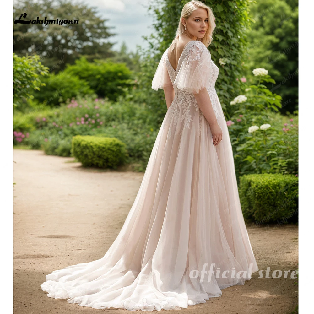 Lakshmigown Plus Size Hochzeitskleid Neue Damenkleider mit Applikationen aus Spitze, V-Ausschnitt, Champagnerfarben, A-Linie, Brautkleider, Robe De Mariée, Maßanfertigung – Detail 6