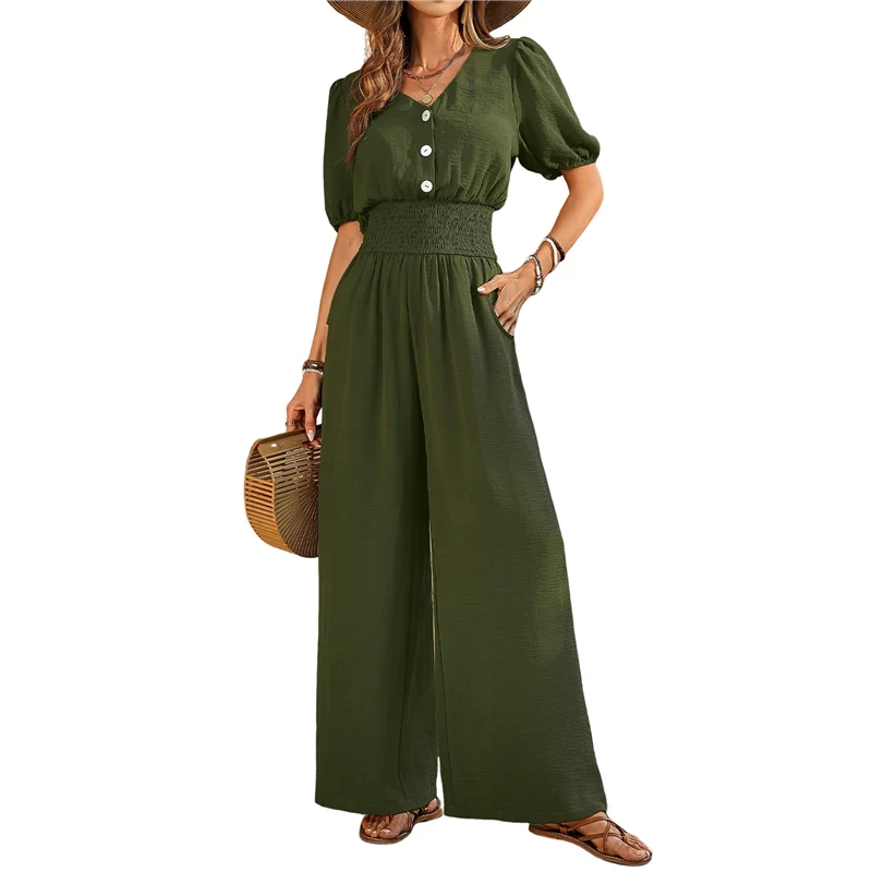 Kombinezony damskie ABP z krótkim rękawem, dekoltem w serek, eleganckie, codzienne, z szerokimi nogawkami.