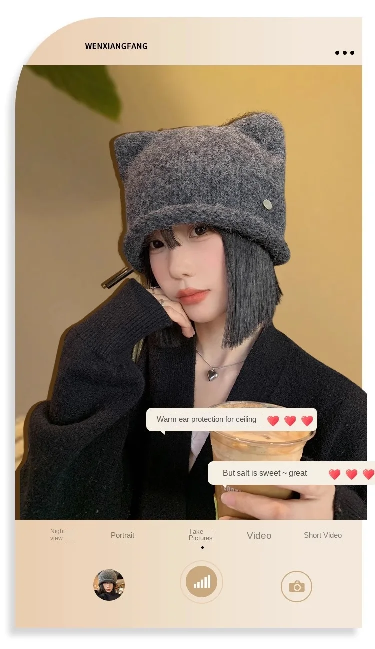 

New Hat Stocking Watch Cap Hugger Toque Head Plush Sequined Knitted Hat Cute Warm Cat Ears Autumn Winter solid-colored B8M56