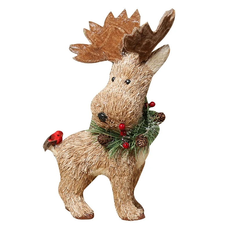 SZWA Christmas Artificial Straw Elk Ornament Handmade Raise Turn for Head Reindeer Forest Animal for Doll Standing Figurines