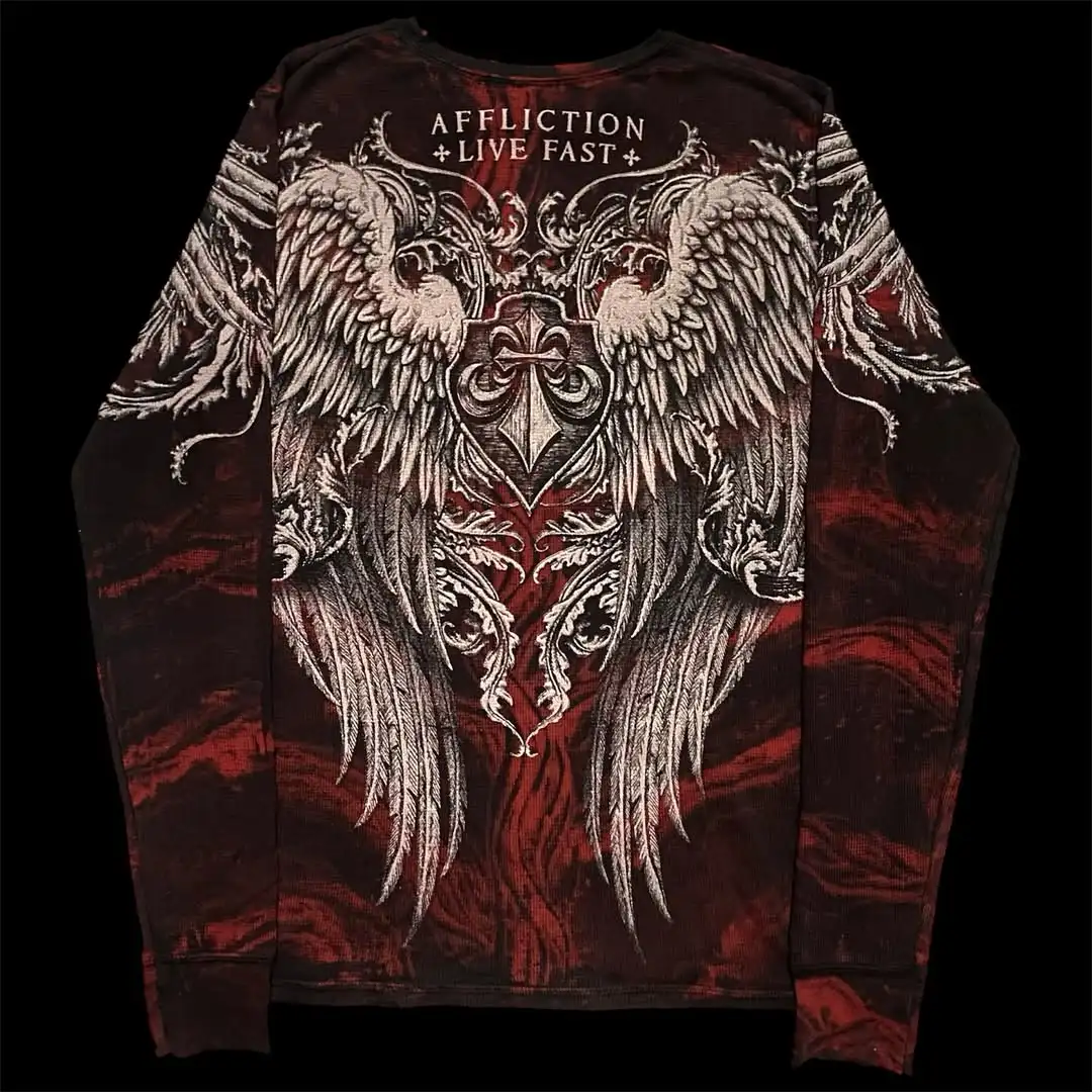 

Affliction Red Long sleeved T shirt Hip Hop Round Neck Oversized shirt Men Casual Gothic Skull Holy Writ Letter Tops Streetwear